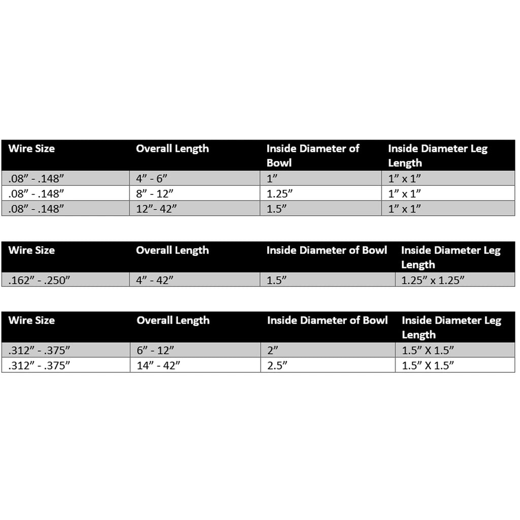 Table with wire size specifications for bowls and leg lengths on a white background