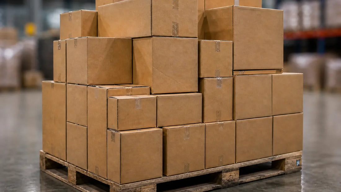 Pallet loaded with stacked shipping boxes in an industrial warehouse, representing bulk powder coating hook orders.