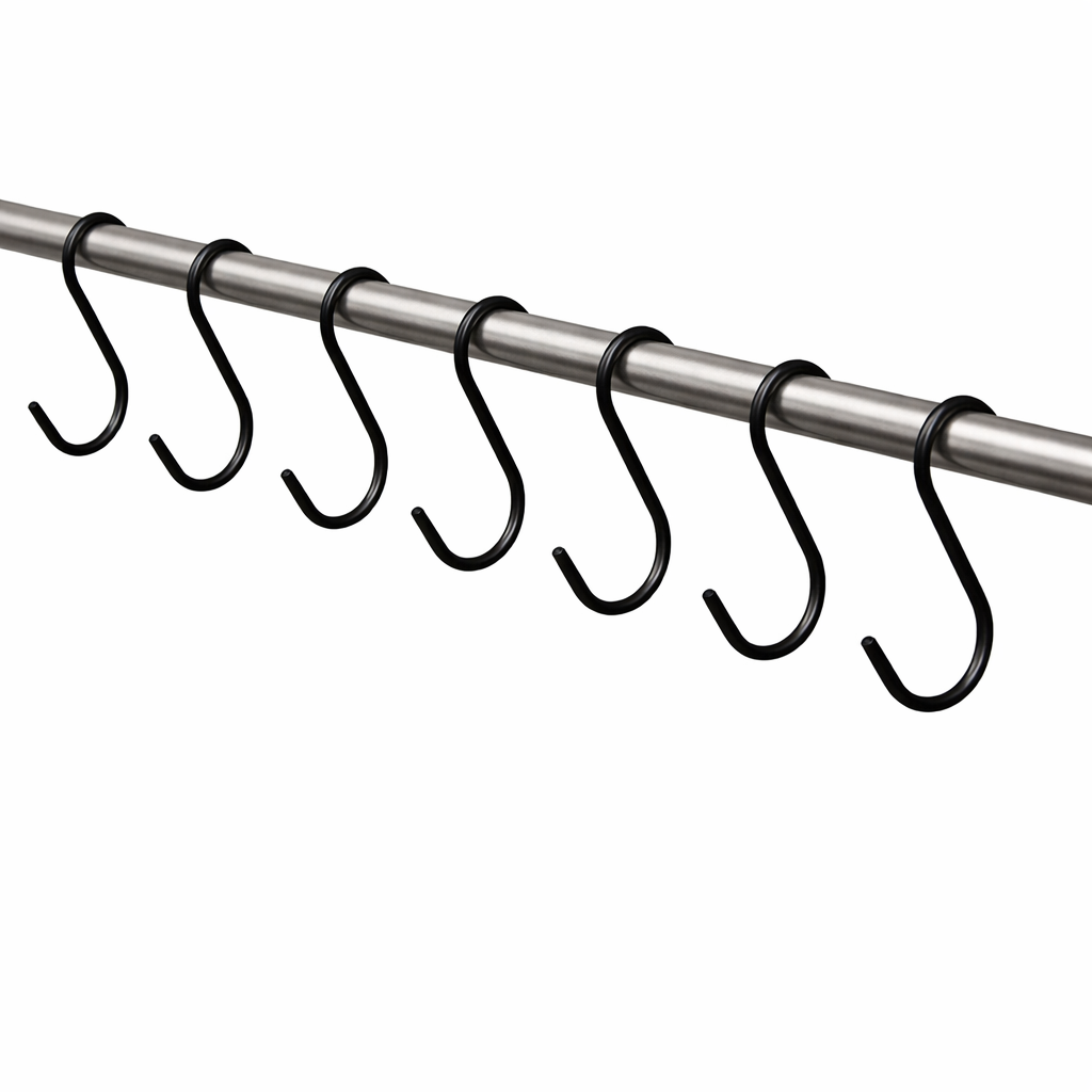 S hanger hanging from railing on a white background