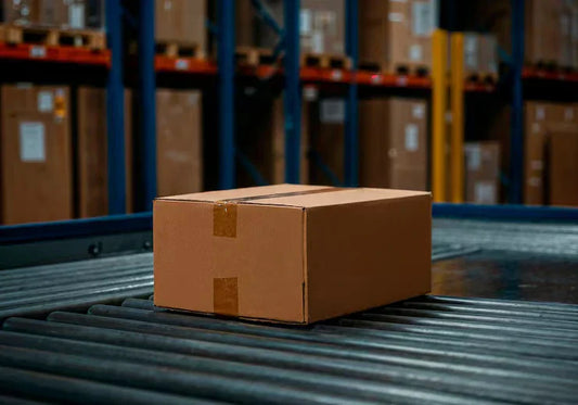 Cardboard shipping box on a conveyor in a warehouse, representing fast shipping of powder coating hooks