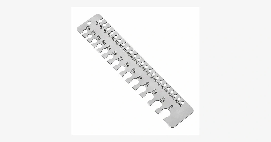 Stainless steel wire gauge tool used to measure powder coating hook wire diameter