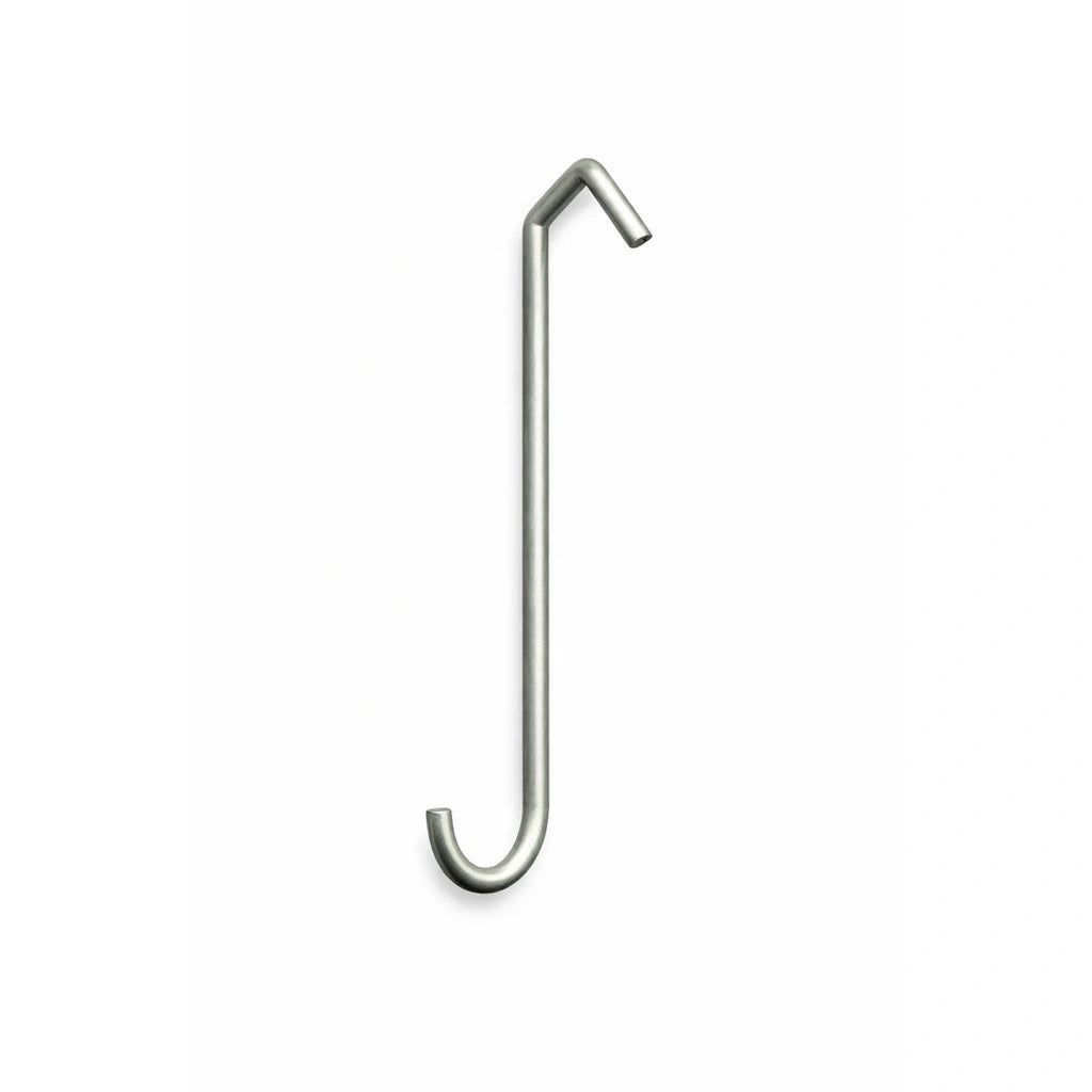 Powder coating hook with a straight vertical body, 90 degree top hook, and curved bottom end, shown on a clean white background.