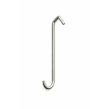 Powder coating hook with a straight vertical body, 90 degree top hook, and curved bottom end, shown on a clean white background.