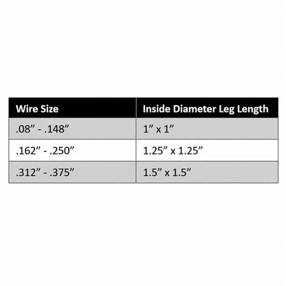 Table showing wire size and corresponding inside diameter leg length on a white background