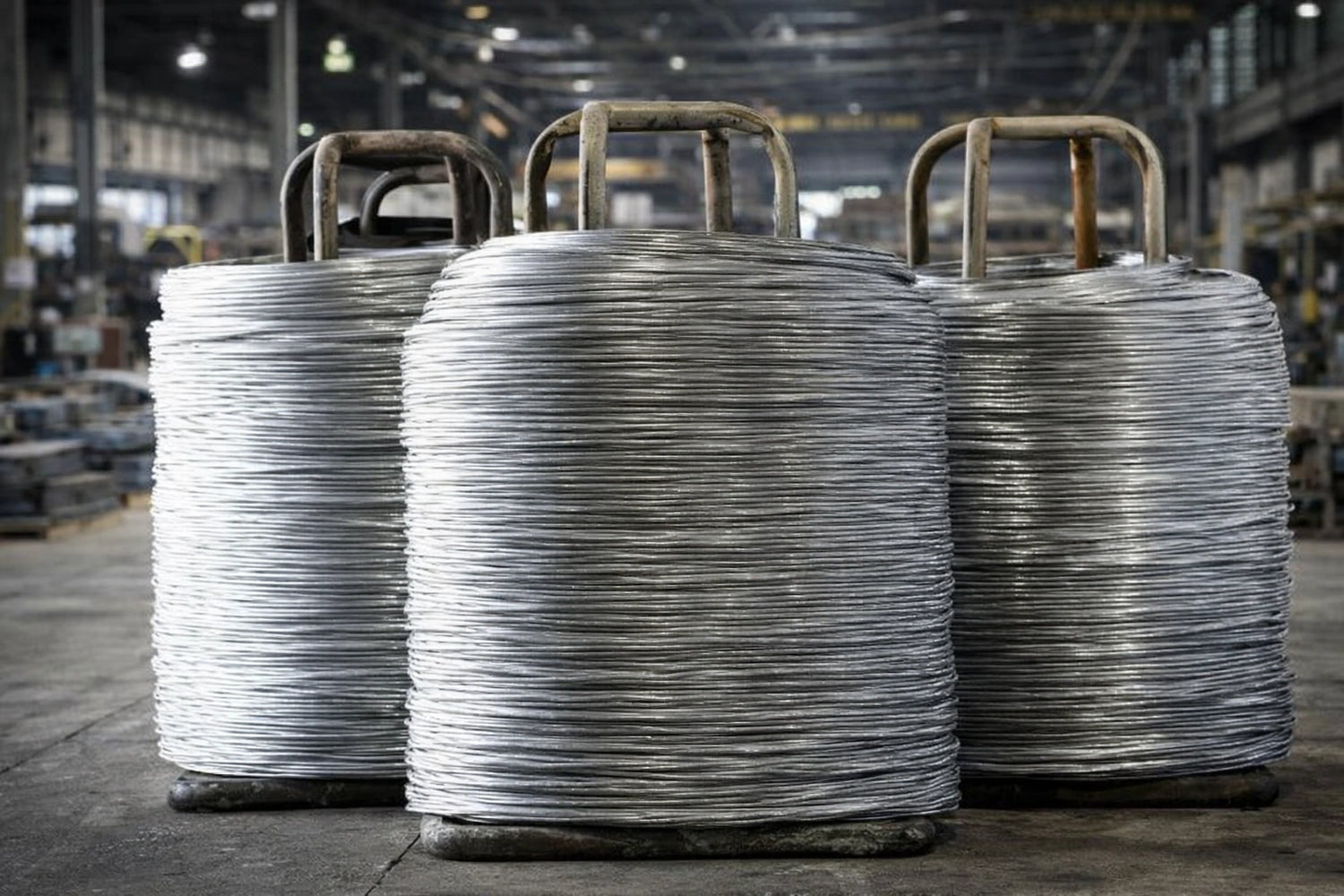 three steel wire spools/coils with an industrial warehouse background