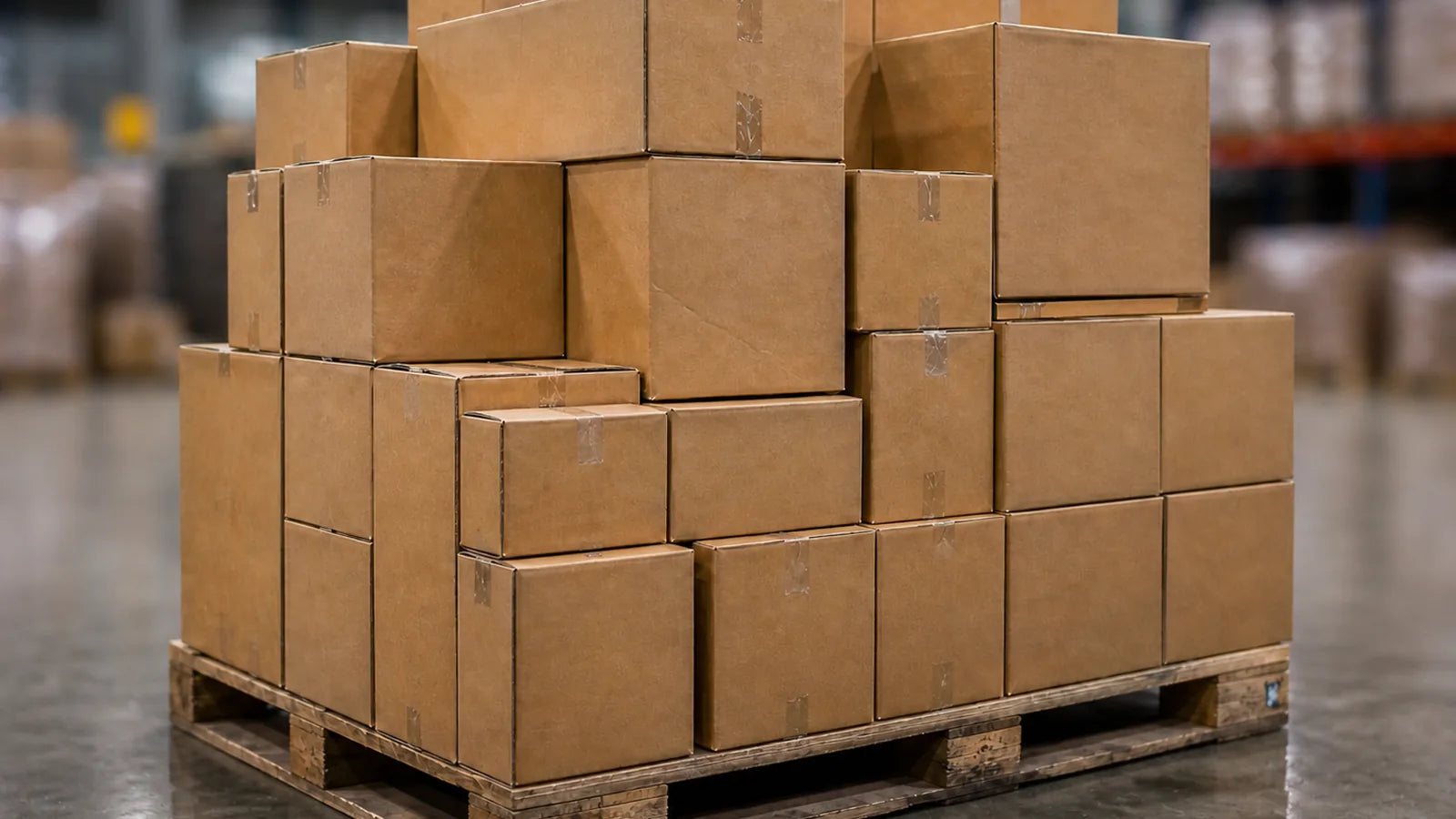 Bulk boxes of powder coating hooks stacked on a pallet